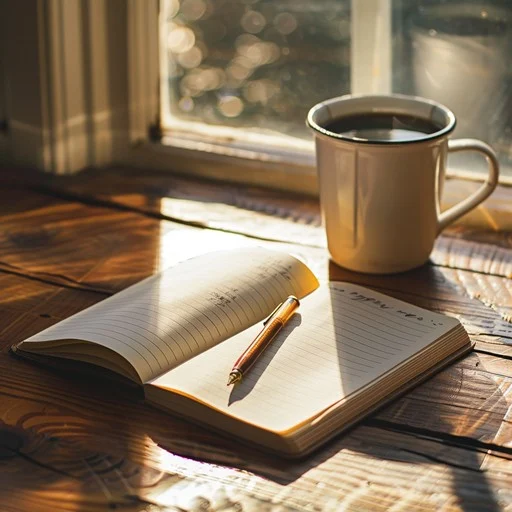 A linen-covered notebook, a fountain pen, and a porcelain cup arranged on a pale oak desk near a sunlit window.